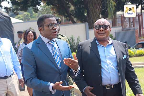 On the right, H. E. Godfrey Kirumira welcomed the Katikkiro at the Namibian Embassy in Uganda Image