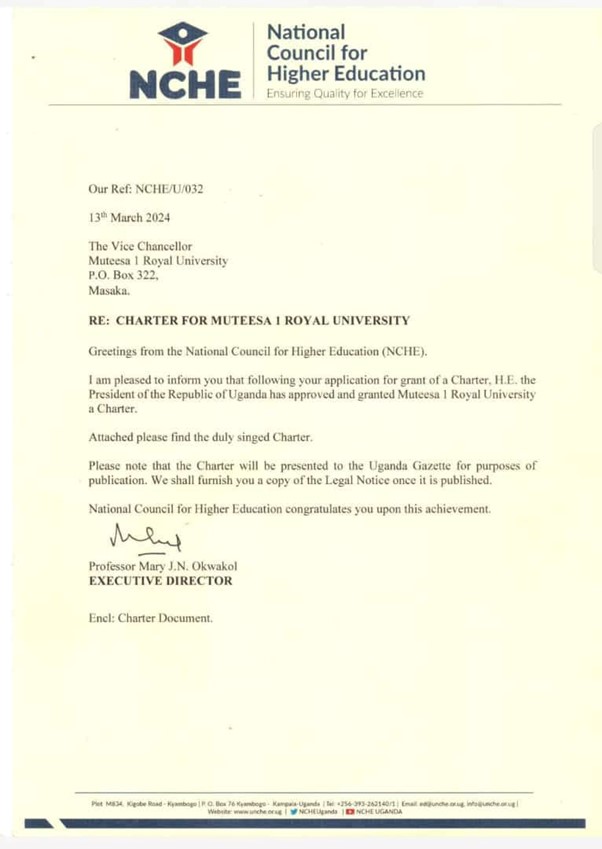 A document published by His Excellency President Yoweri Kaguta Museveni granting Charter A document published by His Excellency President Yoweri Kaguta Museveni granting Charter